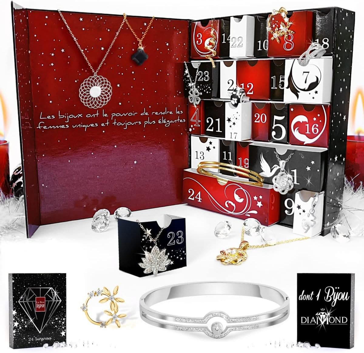 Calendrier De L'Avent Bijoux 2025 - 25 Surprises (Colliers, Bracelets, Bagues, Boucles D'Oreilles) - Cadeau Noël Femme, Adolescente
