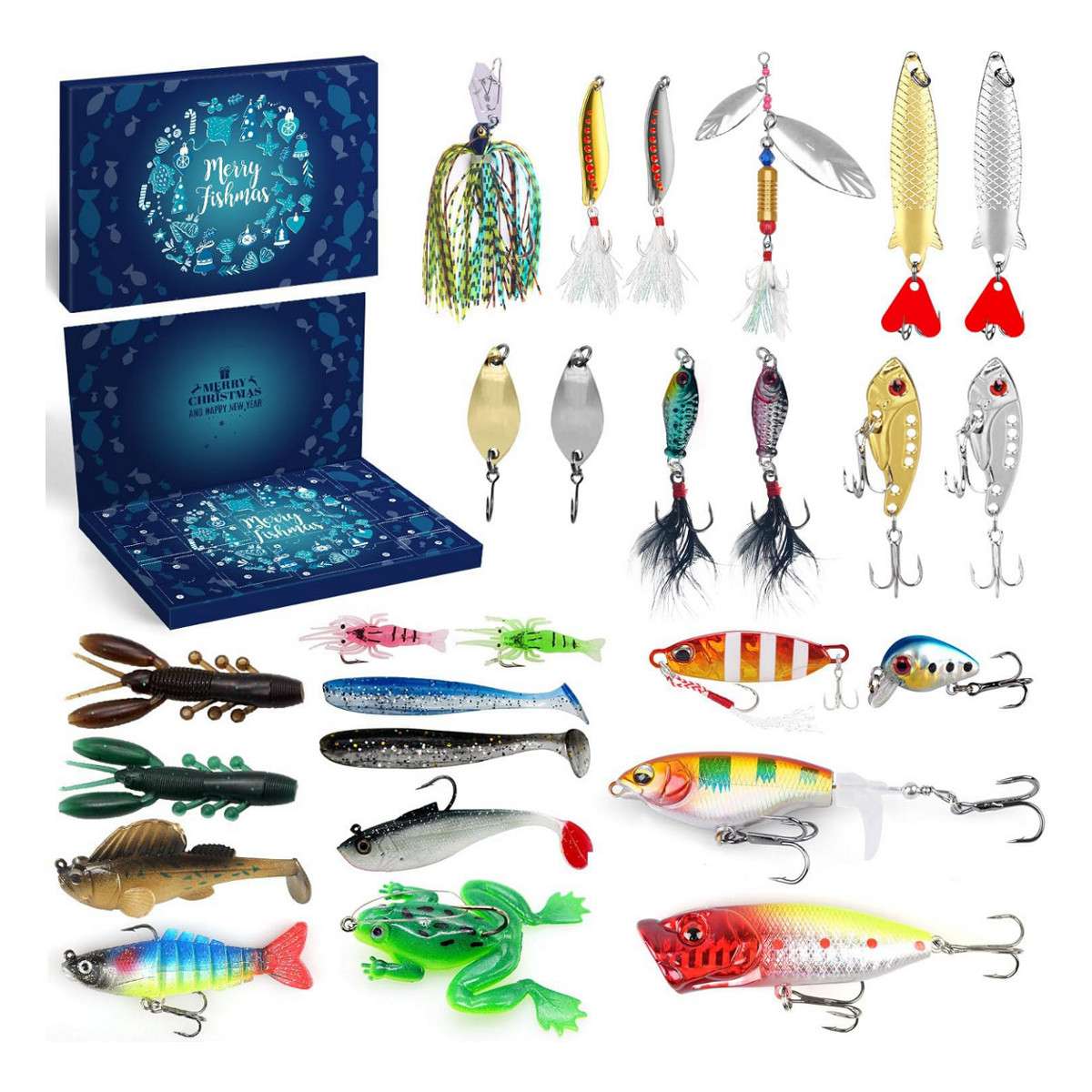 LIHAO Calendrier De L'Avent Peche Pecheur Homme 2025, Ensemble De 24pcs Leurre De Pêche,Calendrier De L'Avent Outils Appâts Cadeau Noël