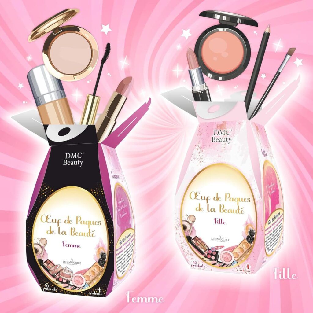 Œufs de Pâques beauté DMC Beauty femme et fille avec coffrets remplis de maquillage dans un univers rose ludique