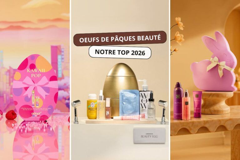 Œufs de Pâques beauté 2026 avec coffret Lookfantastic au centre, œuf Adopt style kawaii à gauche et lapin rose Rituals à droite