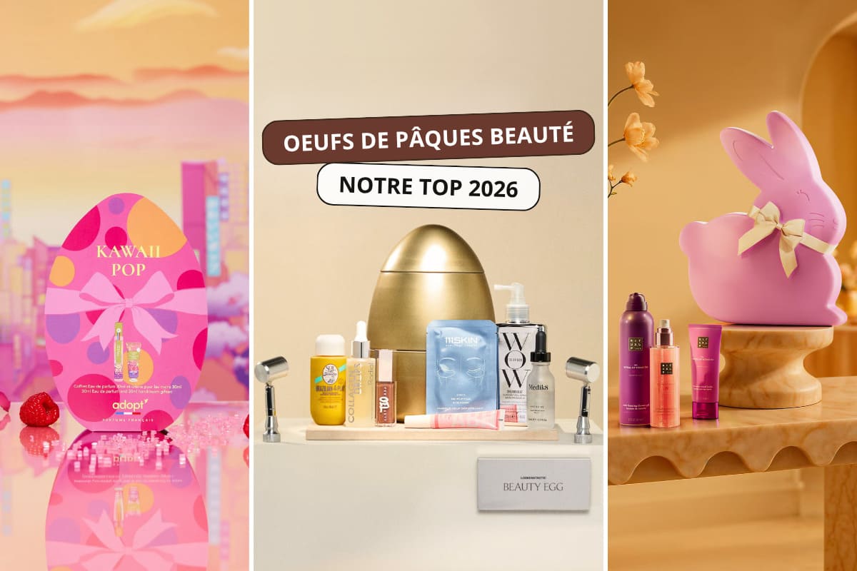 Œufs de Pâques beauté 2026 avec coffret Lookfantastic au centre, œuf Adopt style kawaii à gauche et lapin rose Rituals à droite