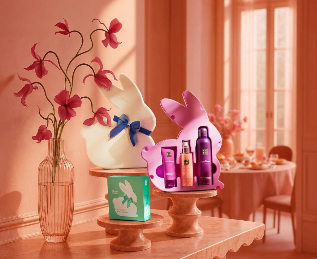 Coffrets de Pâques beauté Rituals en forme de lapin, version blanche et rose avec produits bien-être dans un décor printanier luxueux