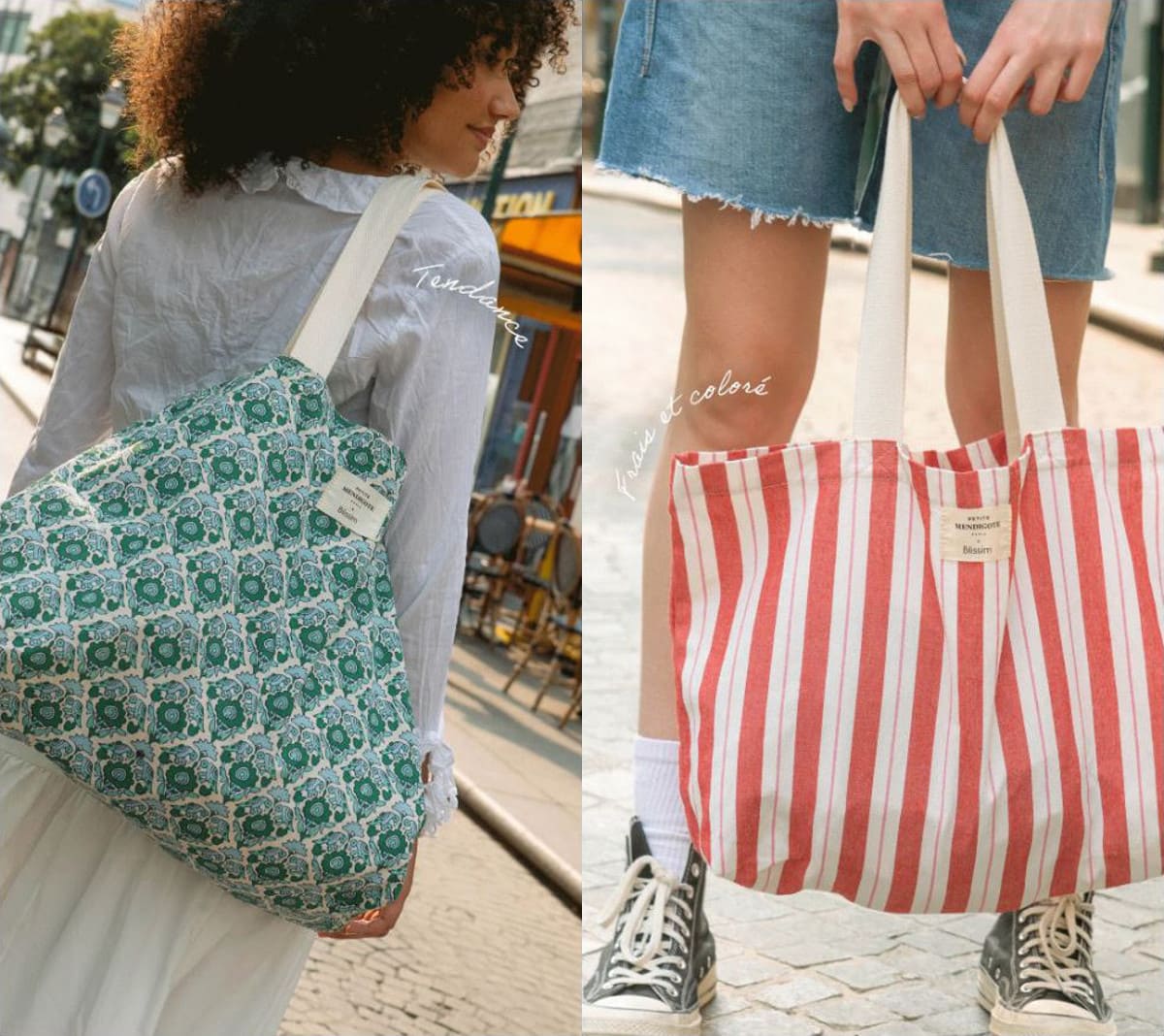 Les deux sacs Petite Mendigote au choix dans la box Blissim Juillet-Août 2025, modèle à motifs verts et modèle rayé rouge.