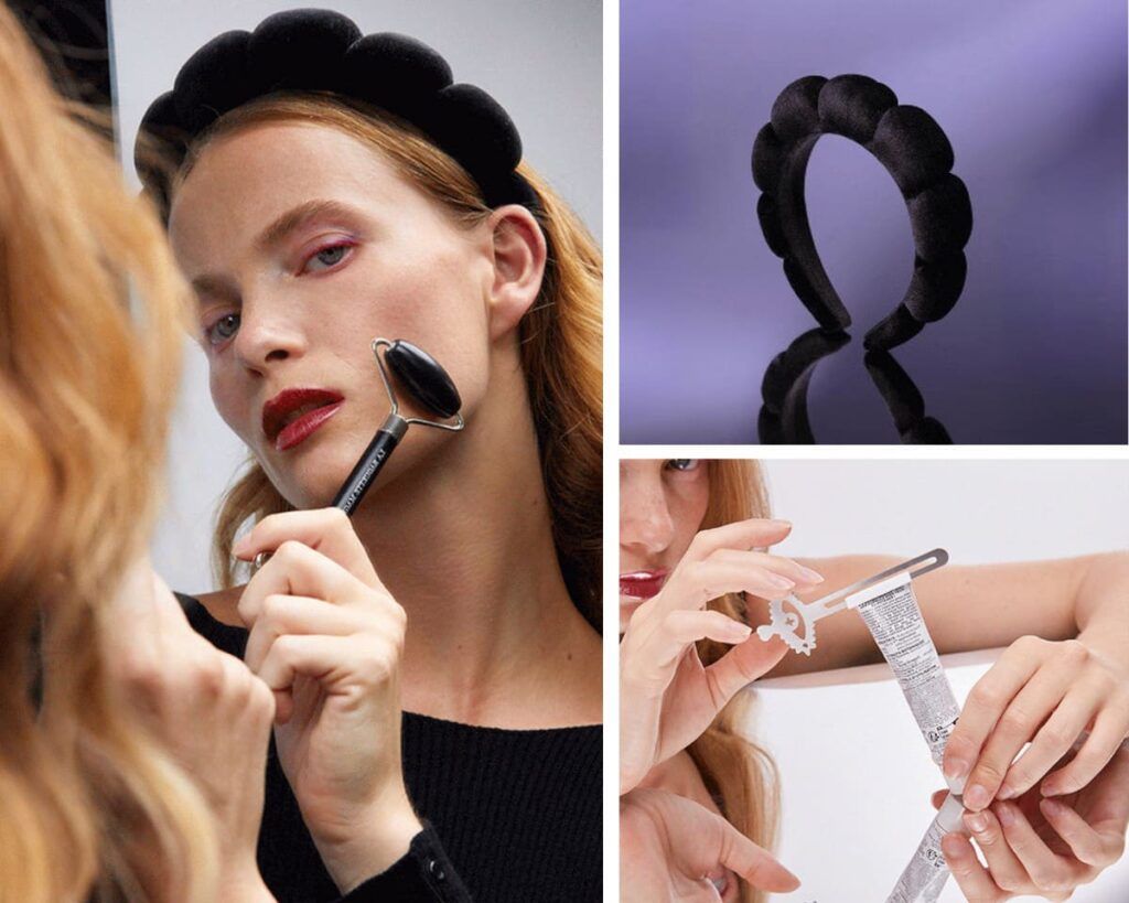 Les 3 accessoires cosmétiques mis en scène : roller en jade noir, serre-tête matelassé et outil presse-soin.