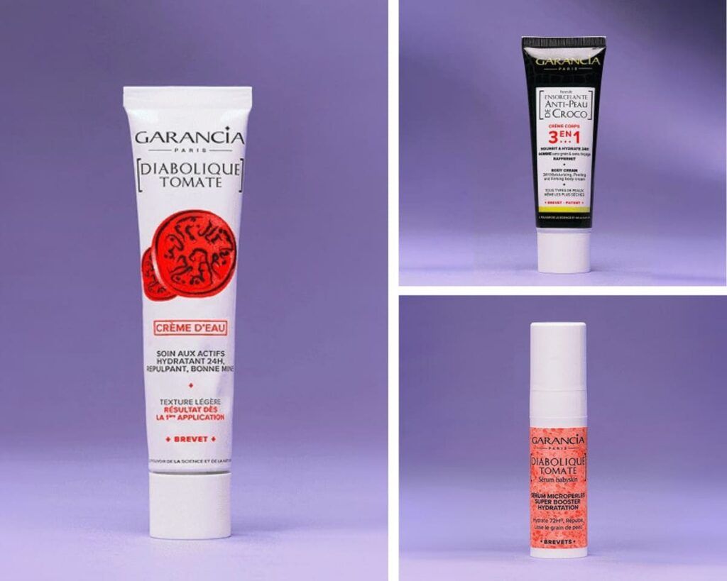 Les 3 produits de soin Garancia inclus dans la box et photographiés individuellement sur fond violet uni.