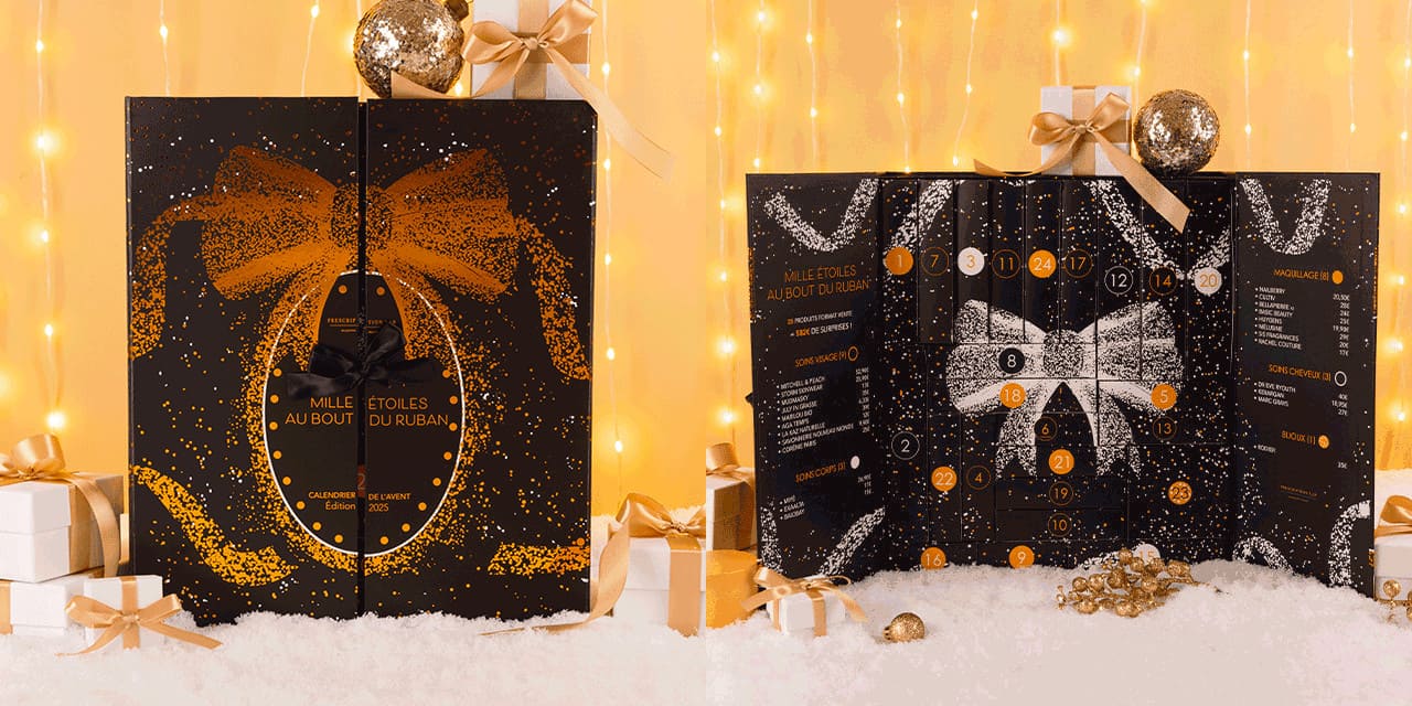 Design du coffret de l’Avent 2025 noir et doré avec ruban, design festif et élégant signé Prescription Lab.