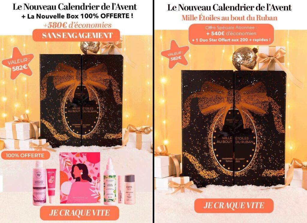 Offres spéciales de Noël avec calendrier beauté et box offerte présentés sur fond doré.
