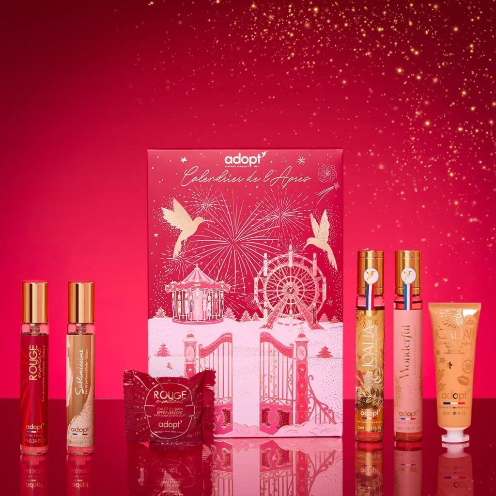 Le calendrier de l'après parfumé Adopt, édition 2025, avec parfums, boule de bain et crème main.