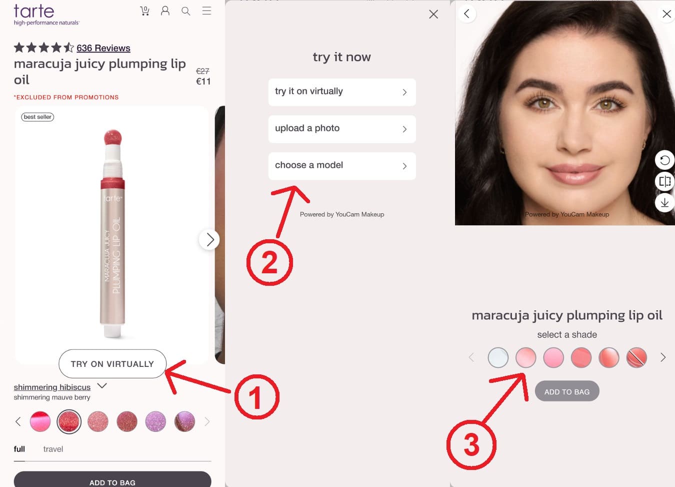 Le tutoriel en image pour choisir la bonne teinte pour son makeup de la marque Tarte, avec essai virtuel sur le site officiel.