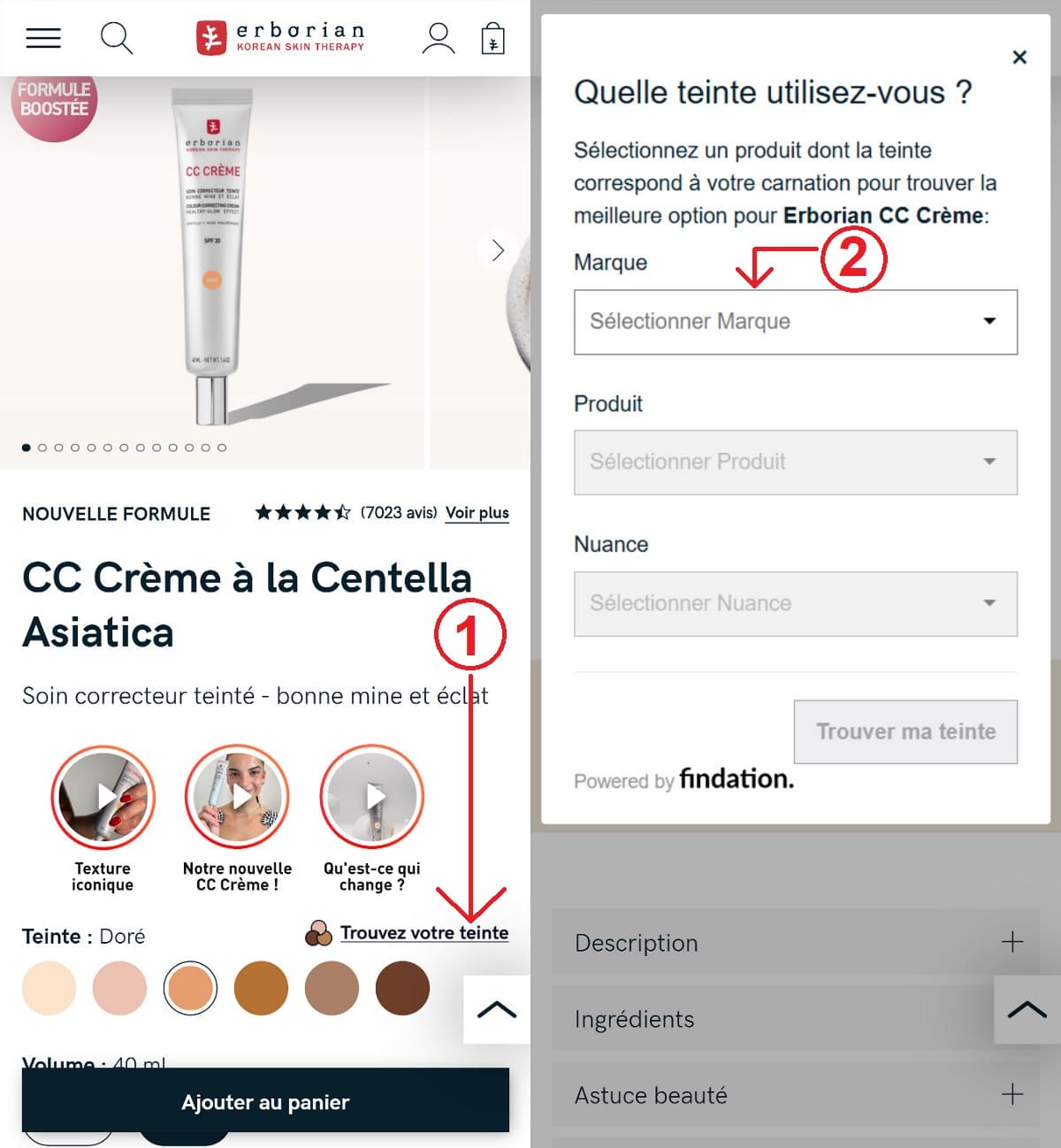 Le tutoriel en image pour choisir la bonne teinte pour son makeup de la marque Erborian, avec essai virtuel sur le site officiel.