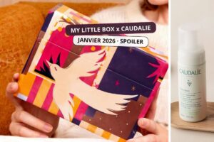 Spoiler de la My Little Box x Caudalie janvier 2026, box beauté tenue en main avec un produit Caudalie