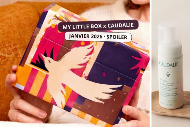 Spoiler de la My Little Box x Caudalie janvier 2026, box beauté tenue en main avec un produit Caudalie