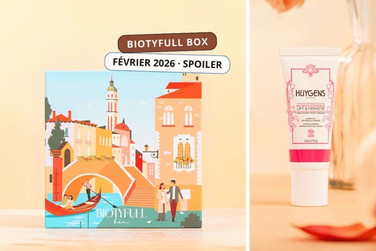 Spoiler Biotyfull Box février 2026 – thème Romance à Venise, coffret illustré et produit de soin Huygens
