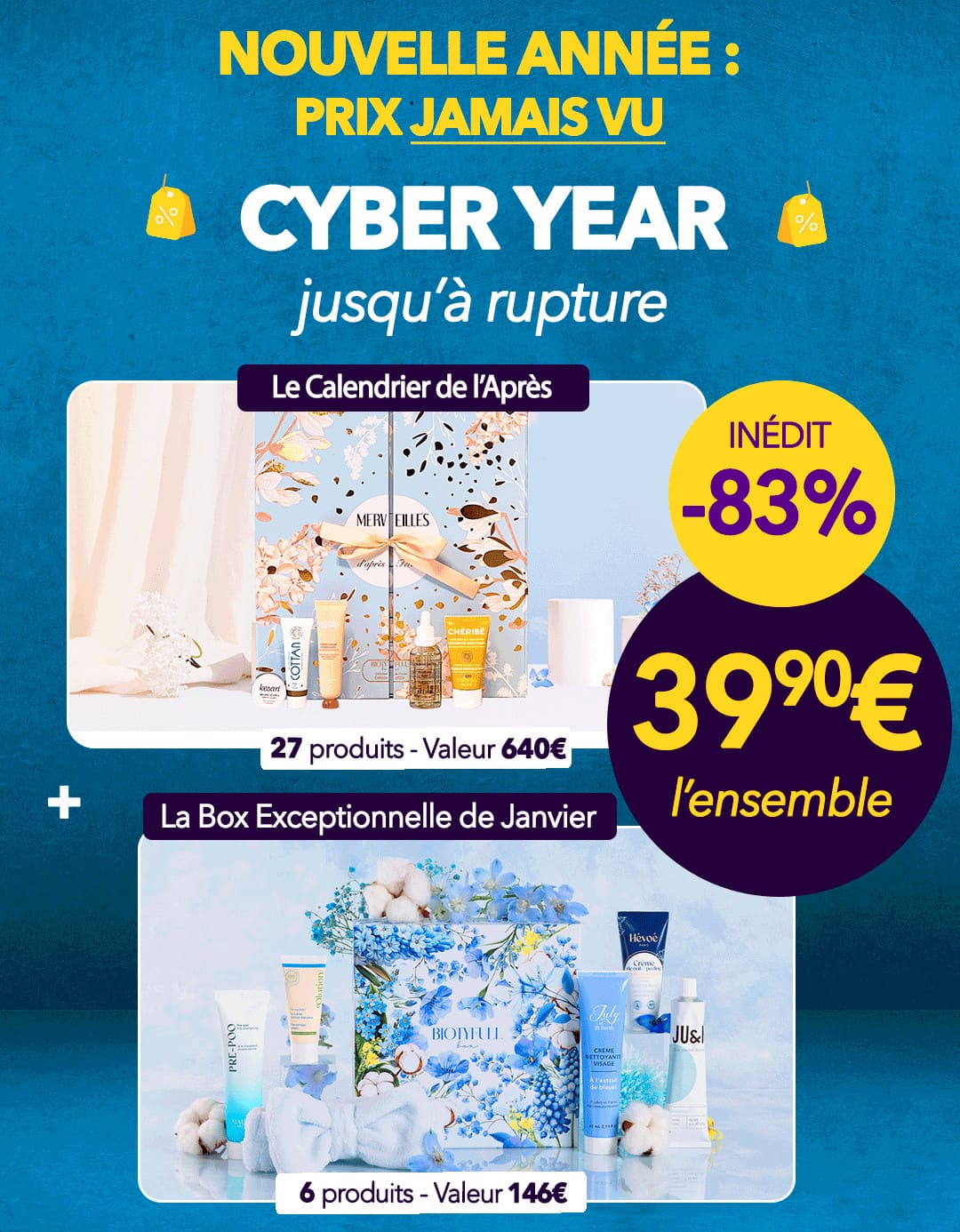 Visuel de l'offre cyber year de Biotyfull Box pour les soldes, proposant un calendrier beauté de l'après et une box avec 83% de remise