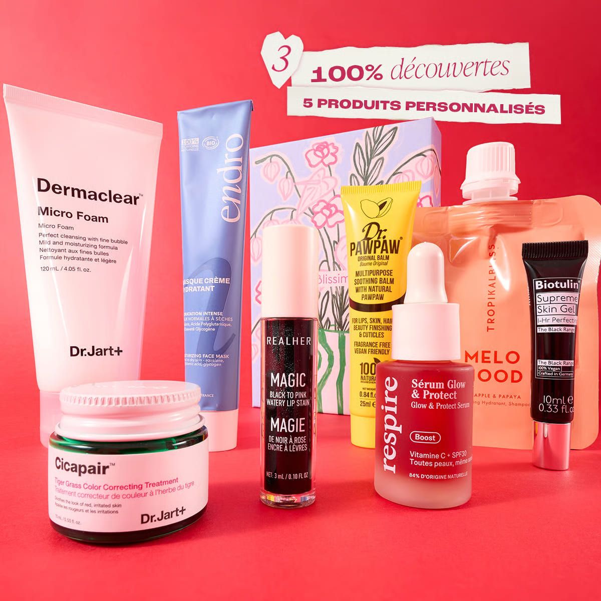 Spoiler complet Blissim février 2026 : contenu de la box 100% découverte multimarques avec cinq produits personnalisés présentés sur fond rouge