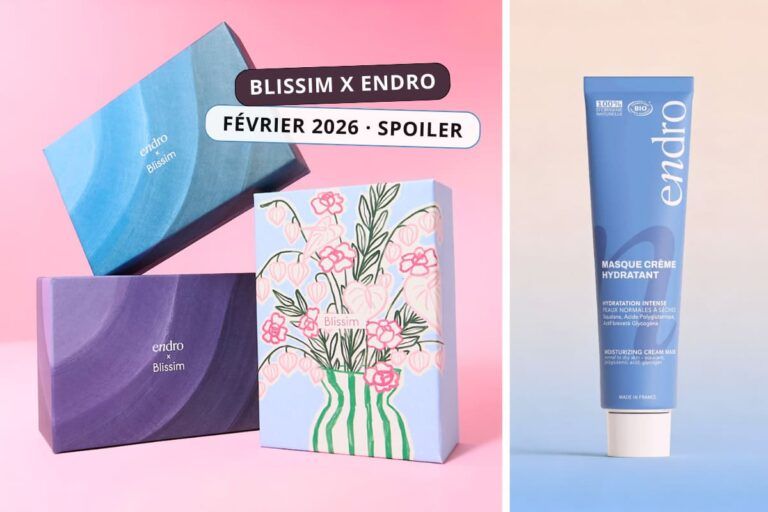 Spoiler complet de la box Blissim x Endro février 2026, montrant le design des 3 box au choix et un soin visage Endro en tube – visuel publié par Box AZ