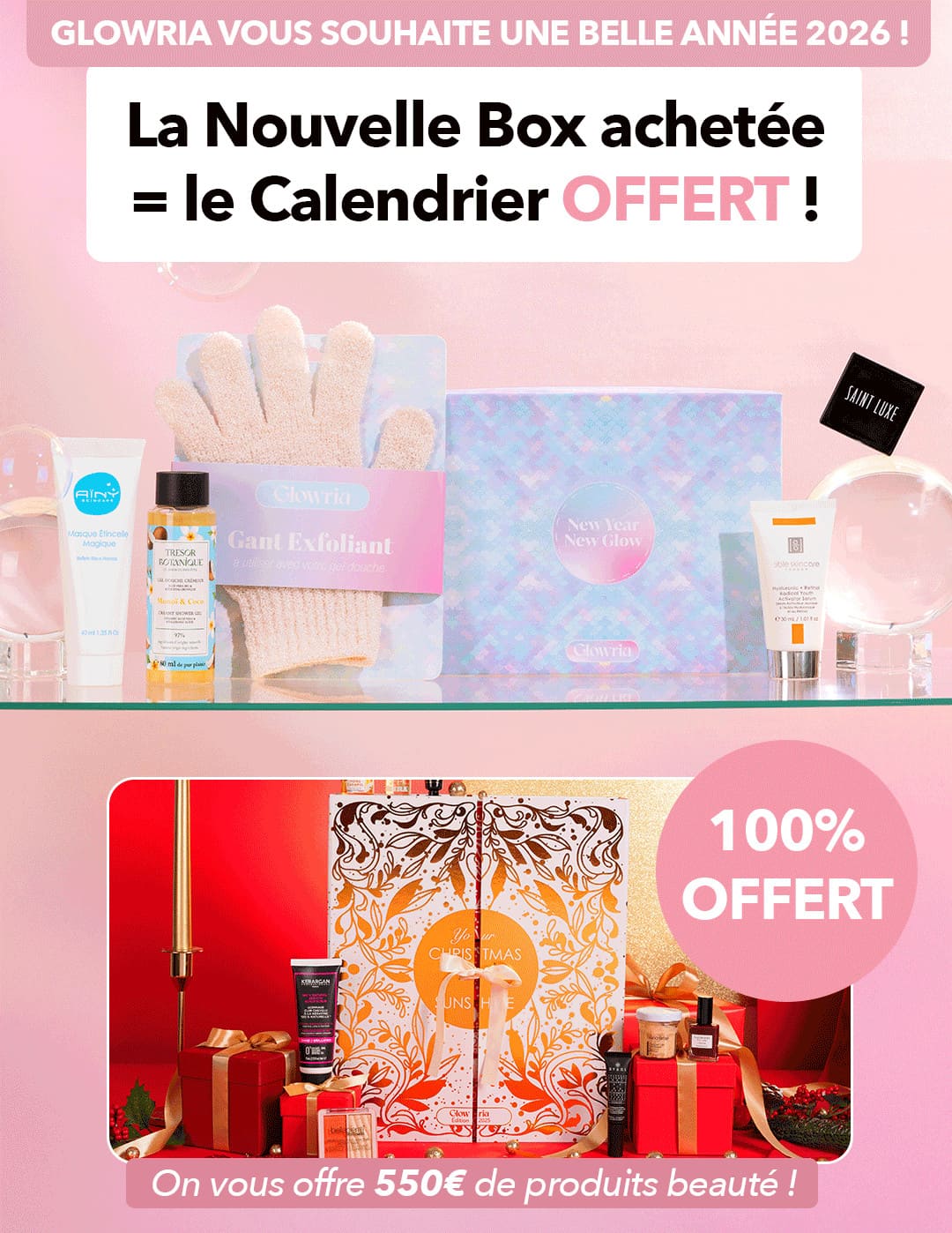 Visuel de l’offre Glowria nouvelle année avec la box beauté, un calendrier de l’Avent offert et plusieurs produits de soin