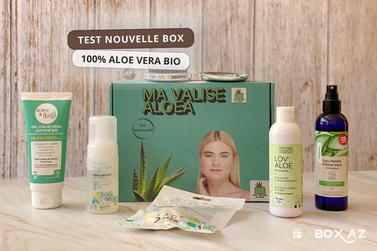 Contenu de la Box Ma Valise Aloea (produits 100% Aloe Vera Bio) photographié par Box AZ pour l'article test