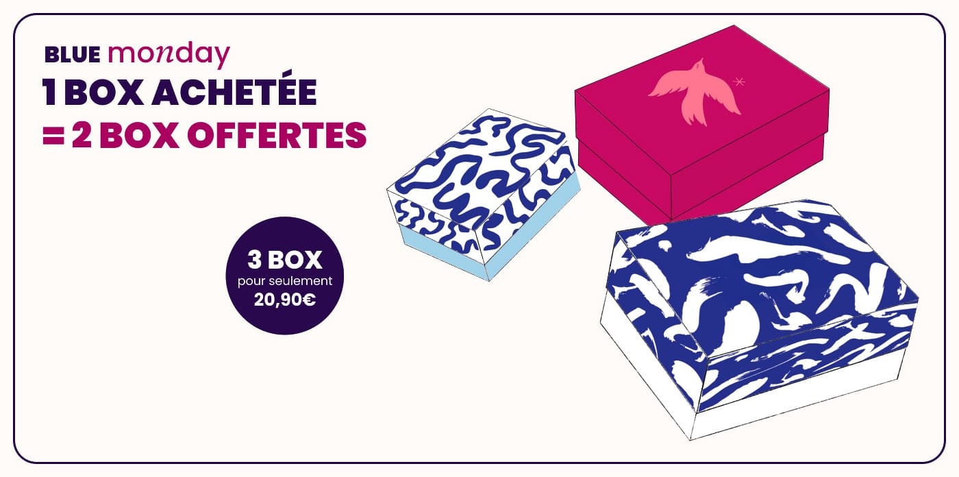 Illustration de l’offre Blue Monday My Little Box avec trois box, une box achetée et deux box offertes