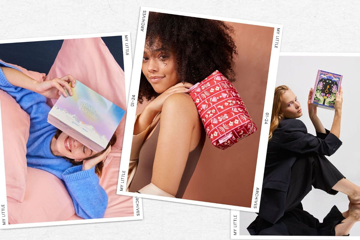 Photo de plusieurs box My Little Archives tenues par des femmes, avec des éditions signées Polaar, Davines et Garancia