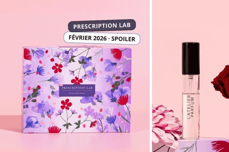 Prescription Lab février 2026 spoiler “Just Love” : box à motif floral avec flacon de parfum L'Atelier Parfum sur fond rose