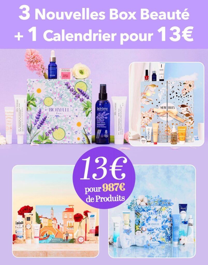 Offre Biotyfull Box en cours pour mars, avec 3 nouvelles box beauté + 1 calendrier pour 13€ avec engagement 12 mois.