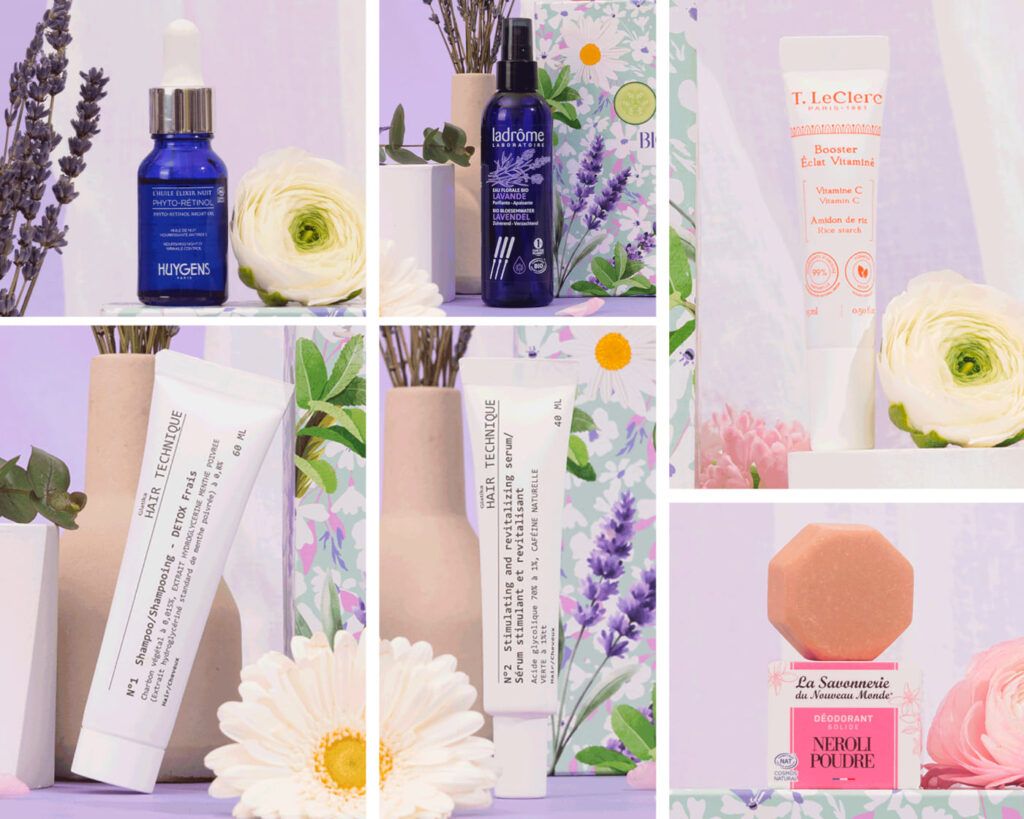 Collage de produits de beauté inclus dans la box, comprenant huile nuit, eau florale, soin cheveux, déodorant solide et booster éclat