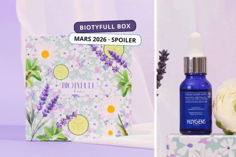 Biotyfull Box mars 2026 édition Fraîcheur Florale avec design fleuri et huile élixir nuit Huygens en spoiler