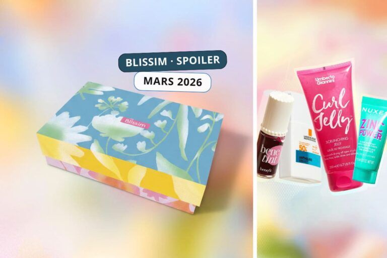 Box Blissim mars 2026 édition printemps avec packaging floral et aperçu des produits beauté inclus dans le spoiler
