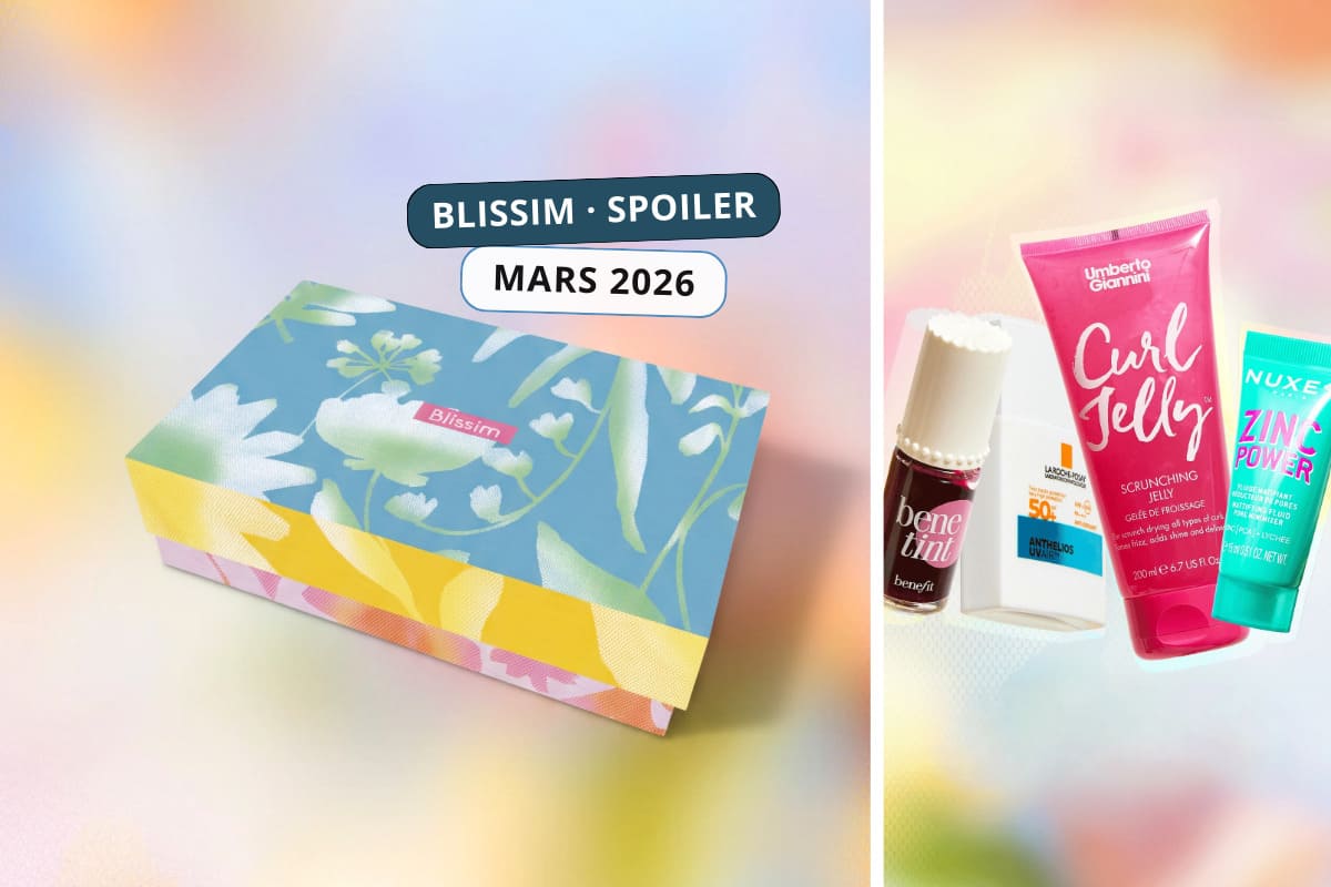 Box Blissim mars 2026 édition printemps avec packaging floral et aperçu des produits beauté inclus dans le spoiler