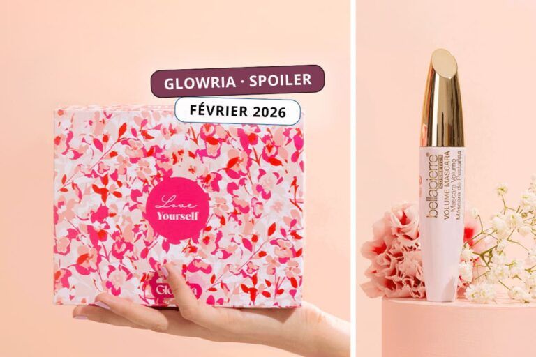 Image du spoiler de la box Glowria février 2026 : coffret fleuri “Love Yourself” tenu en main et mascara Bellapierre Cosmetics