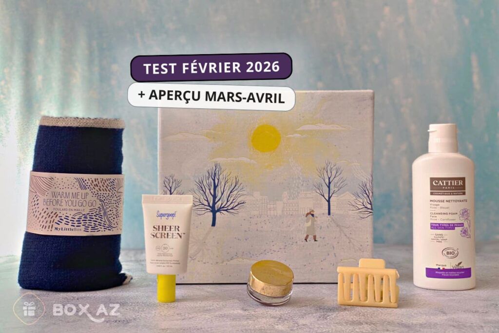 Test de la My Little Box février 2026 avec les produits beauté et accessoires présentés devant la box hivernale illustrée, photo réalisée par Box AZ.