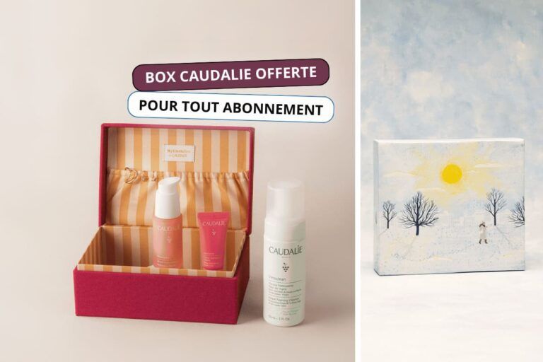 Offre My Little Box 2026 avec une box Caudalie offerte pour tout abonnement, visuel de la box Caudalie et du design de la box de février