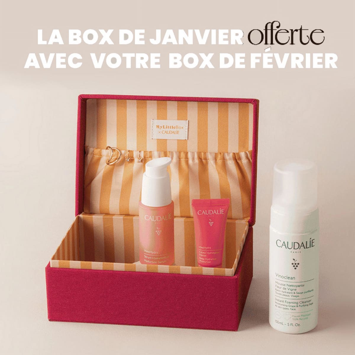 Visuel officiel My Little Box annonçant une box Caudalie de janvier offerte avec la box de février, avec coffret et produits Caudalie