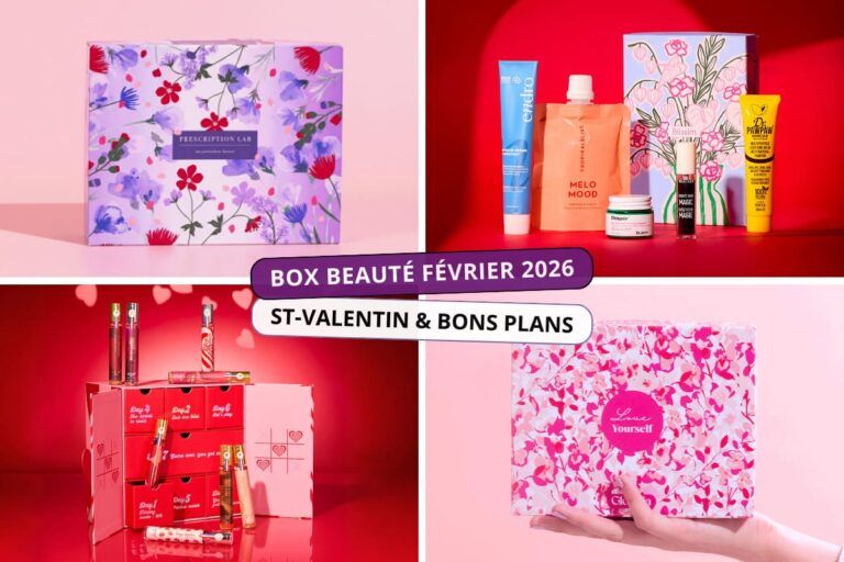 Montage de box beauté février 2026 avec Blissim, Prescription Lab, calendrier Saint-Valentin Adopt’ et box Glowria.
