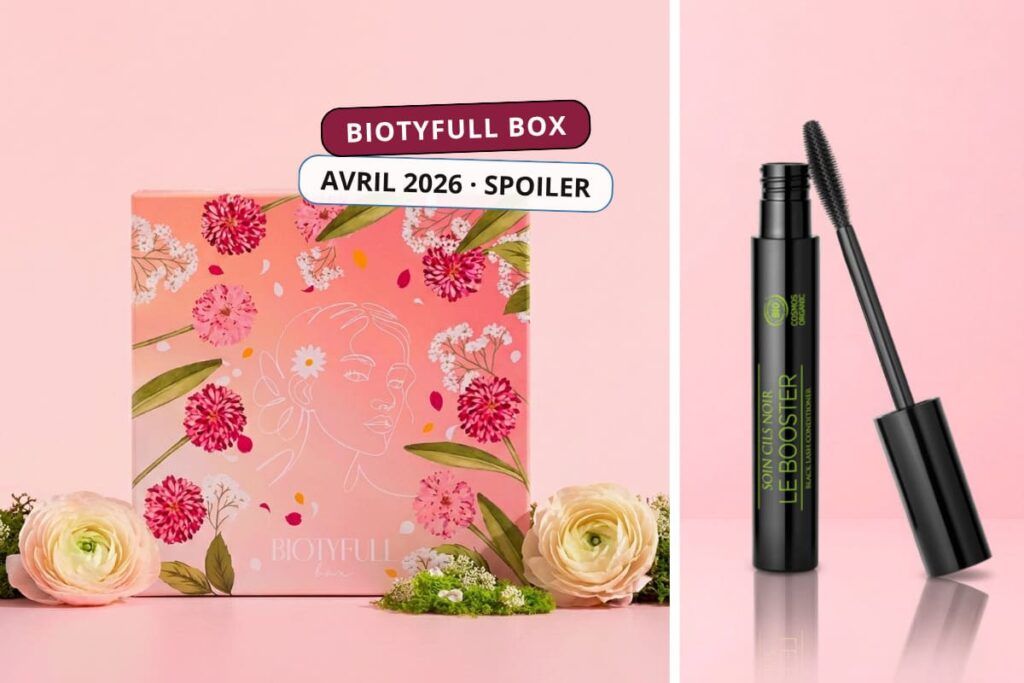 Biotyfull Box avril 2026, spoiler de l'édition Éclosion Radieuse avec aperçu du coffret floral et du soin mascara deux en un Le Booster de Huygens