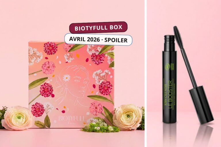 Biotyfull Box avril 2026, spoiler de l'édition Éclosion Radieuse avec aperçu du coffret floral et du soin mascara deux en un Le Booster de Huygens