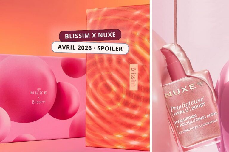 Box beauté Blissim avril 2026 en collaboration avec Nuxe avec le concentré Illuminateur prodigieuse Hyalu boost en spoiler