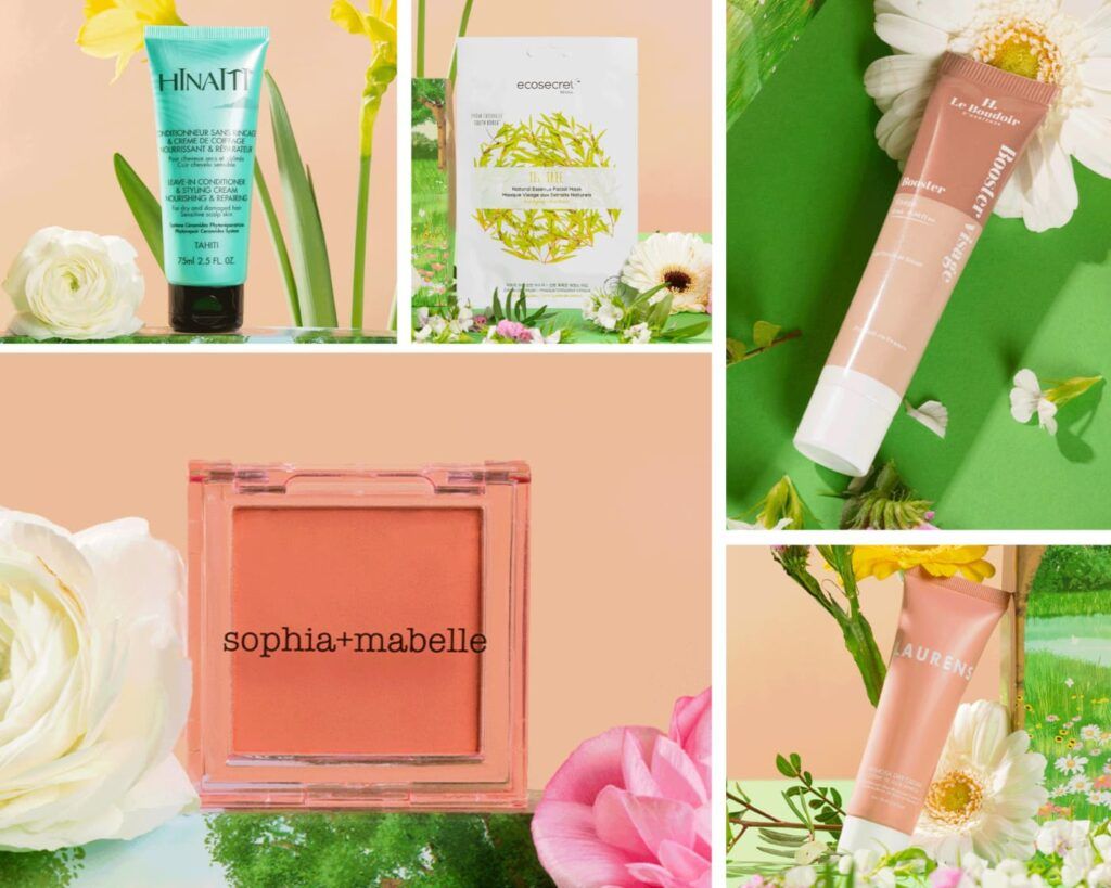 Collage des produits beauté avec blush rosé, masque visage Tea Tree et soins capillaires et teint
