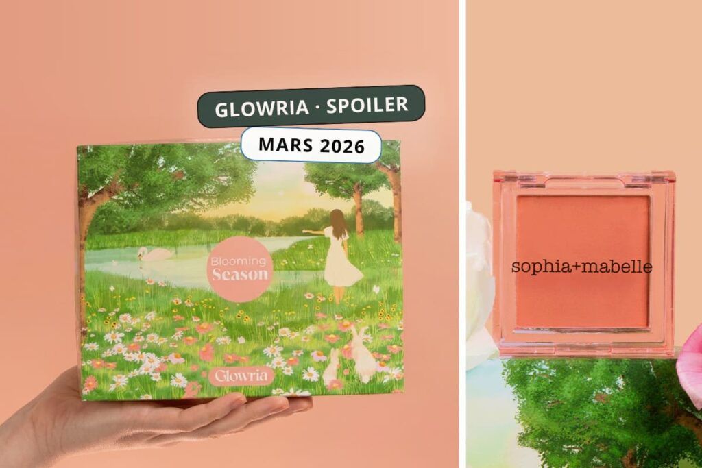 Box Glowria Blooming Season mars 2026 tenue en main avec illustration printanière et blush rosé Sophia + Mabelle en spoiler