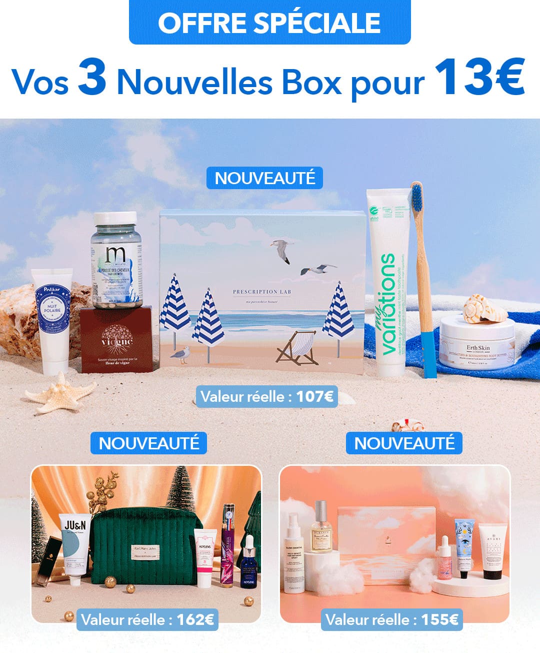 Offre de trois box beauté à 13€ avec engagement 12 mois avec sélection de produits cosmétiques et coffrets au design de plage