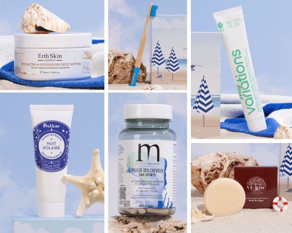 Collage des produits de beauté comprenant masque Polaar, lait corps Erth Skin, dentifrice My Variations et compléments capillaires