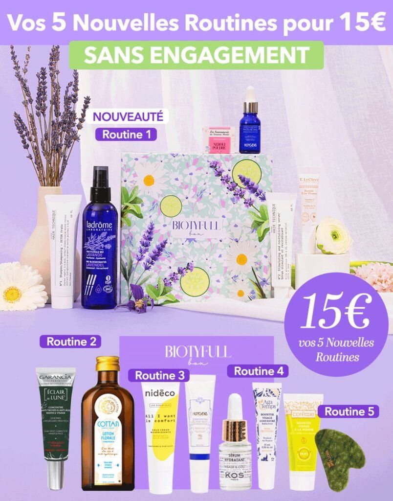 Offre Biotyfull Box valable jusqu’à fin mars avec 5 routines beauté pour 15 euros sans engagement et sélection de produits cosmétiques