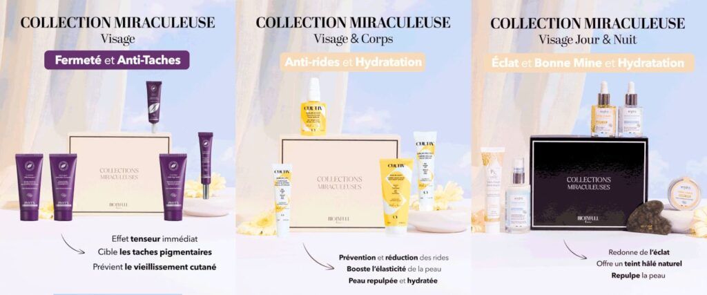 Visuel des trois nouvelles collections miraculeuses Biotyfull Box, avec des routines beauté des marques Endro, Cultiv et Phyt's