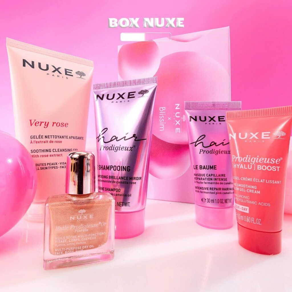 Contenu de la box Blissim avril 2026 en collaboration avec Nuxe avec sélection de soins hydratants.