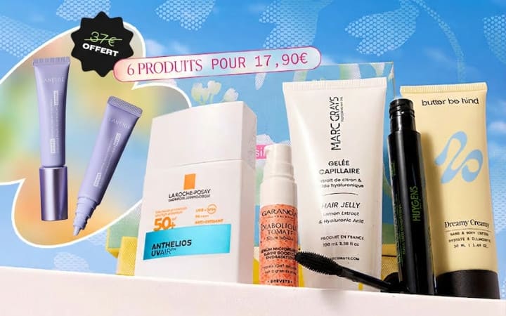 Visuel des produits de la box Blissim de mars, avec une offre pour avoir le soin hydratant au rétinol Laneige offert