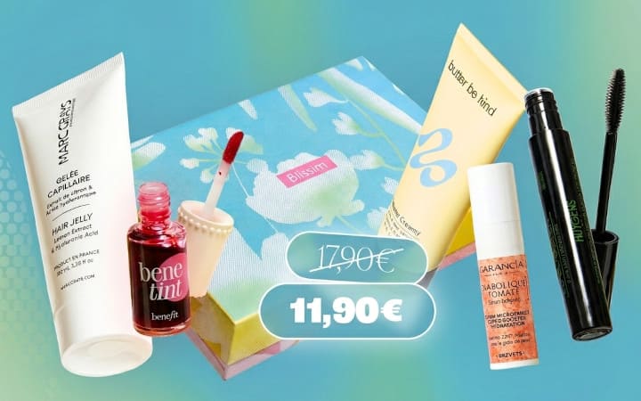 Visuel des produits de la box Blissim de mars, avec une offre pour avoir 6 euros de réduction sans engagement.