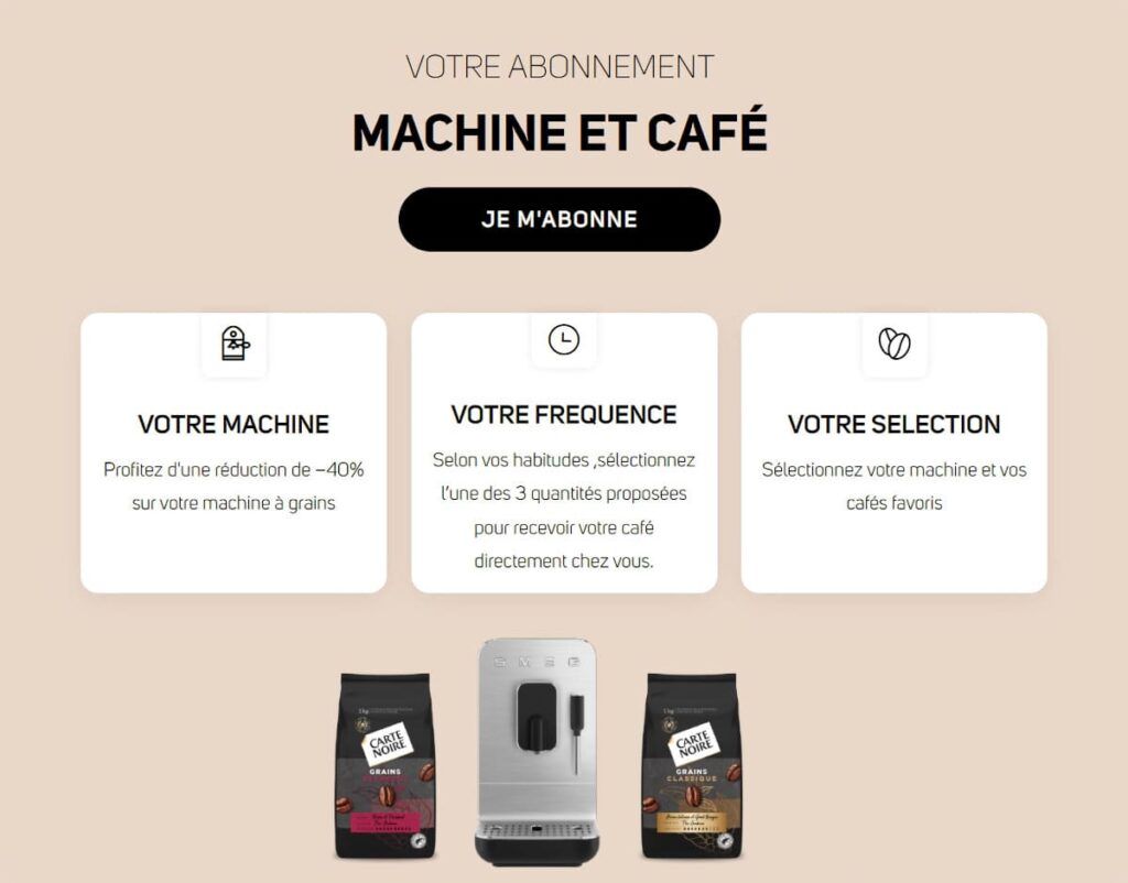 Offre abonnement café Carte Noire avec machine expresso et sélection de cafés en grains