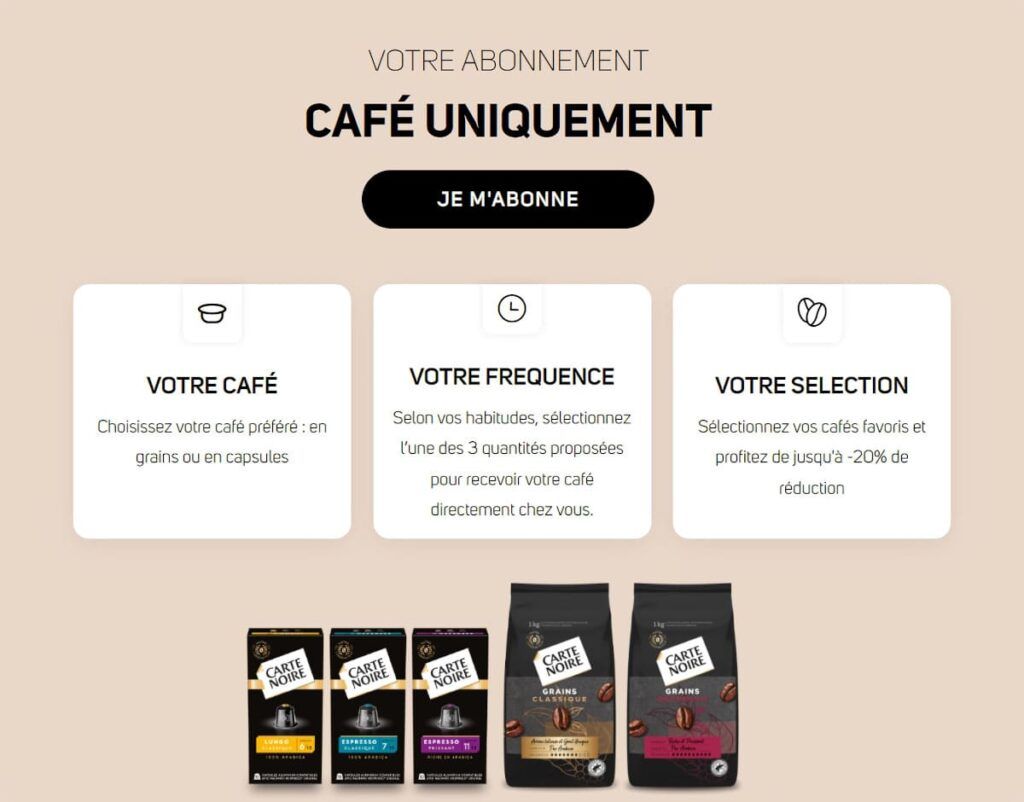 Offre abonnement café Carte Noire sans machine avec différents formats de café
