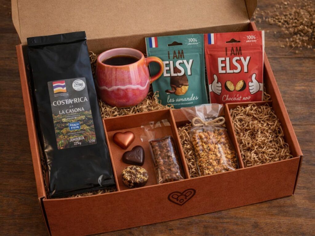 Coffret café ouvert avec café Costa Rica, chocolats et gourmandises dans un packaging compartimenté